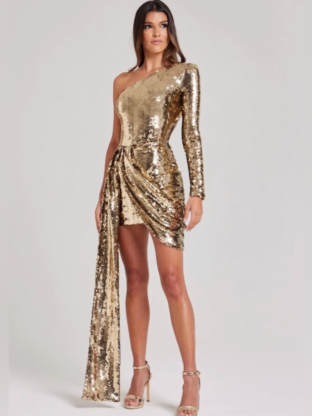 Nadine Merabi Celina Gold Dress Sequin One Shoulder Mini Dress Gold Small